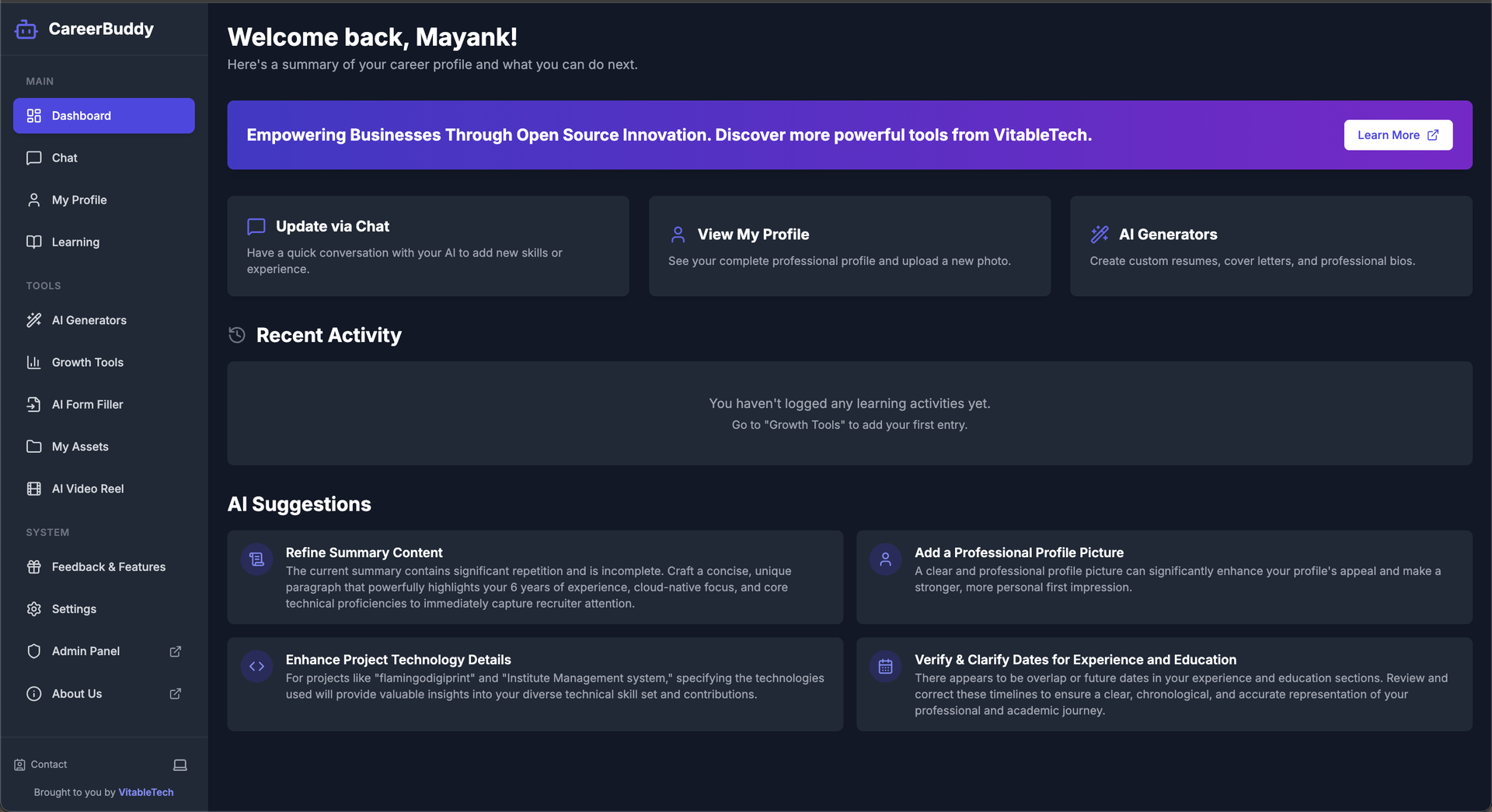 Dashboard view of CareerBuddy showing AI suggestions and quick actions.