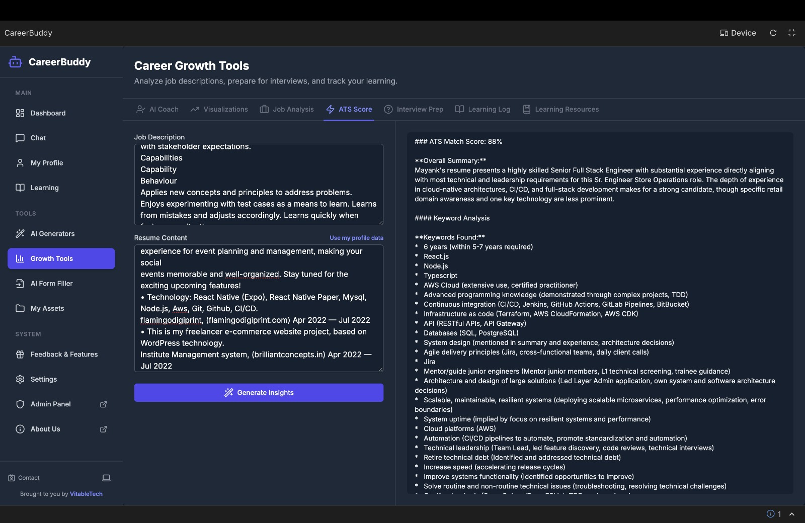 AI Generators view for creating resumes and cover letters.